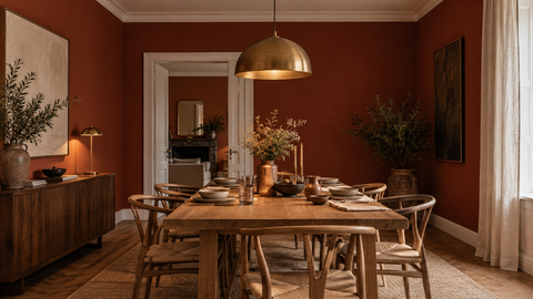 Salle a manger peinte en rouge pompeien avec table en chene et suspension en laiton