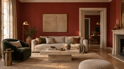 Salon associant un mur rouge pompeien, un fauteuil vert profond et du travertin