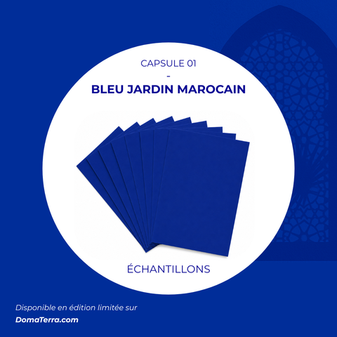 Cartes échantillons Bleu Jardin Marocain DomaTerra en éventail, nuance biosourcée Capsule 01 inspirée du Bleu Majorelle