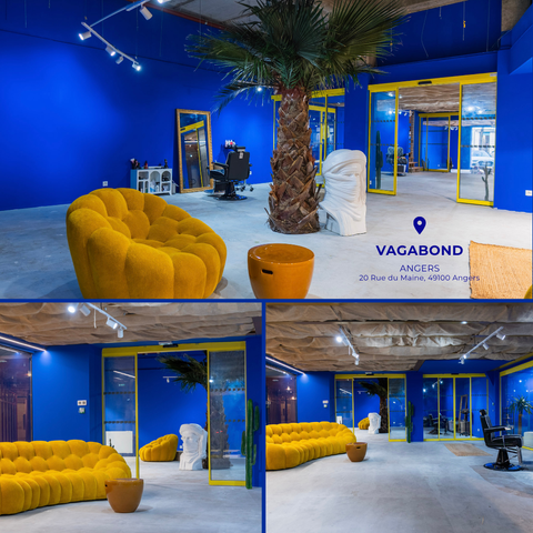 Murs peints avec la peinture biosourcée Bleu Jardin Marocain de DomaTerra, teinte inspirée du bleu Majorelle, au salon de coiffure Vagabond à Angers